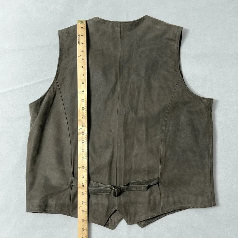 Green Fields Leather Vest Men XXL Brown Taupe Pockets Plaid Lining